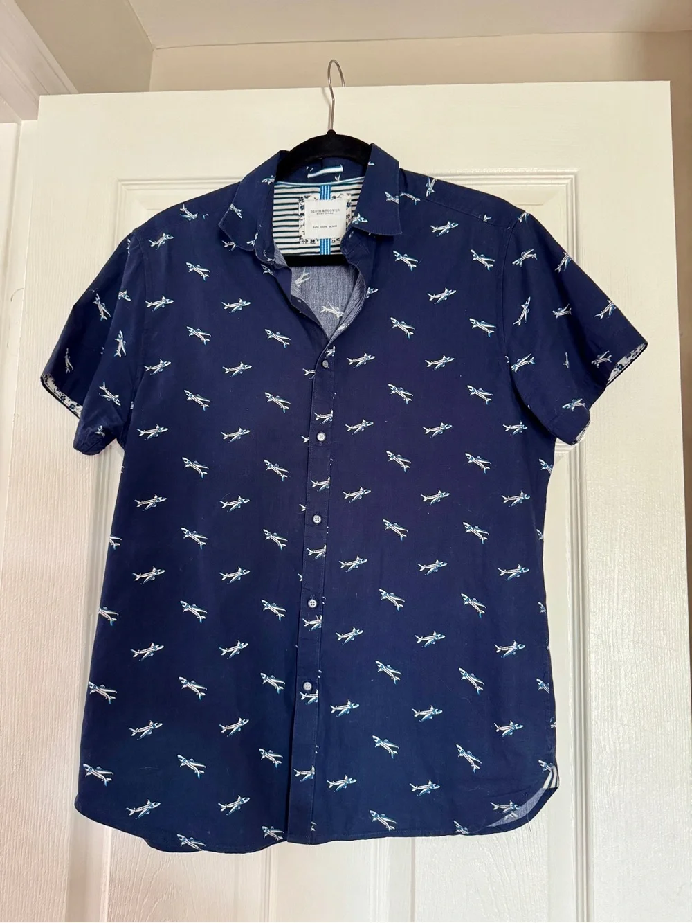 Denim & Flower Navy Short-Sleeve Button-Down Shirt with White Shark Print